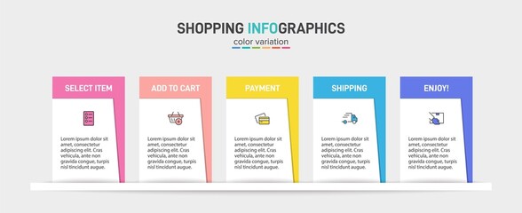 Concept of shopping process with 5 successive steps. Five colorful graphic elements. Timeline design for brochure, presentation, web site. Infographic design layout.