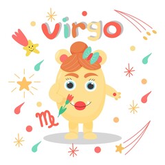 
Cute cartoon zodiac monster Virgo. Against the background of cosmic attributes, stars, shooting star, zodiac sign. Great print for kids clothes. Postcard for congratulations.