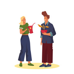 People watering plant, vector clipart or banner.