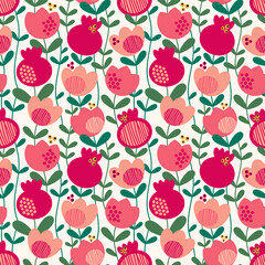 Seamless vector pattern with stylized pomegranates and flowers grenades.  - 502829143