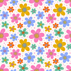 Floral vector background. Seamless pattern with flowers and dots. - 502829147