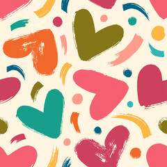 Seamless vector pattern with hand drawn hearts, brush stroke and dots. - 502829148