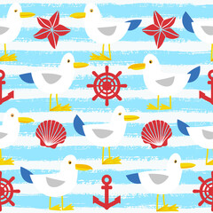 Seamless pattern with cute seagulls. Marine style vector illustration.  - 502829150