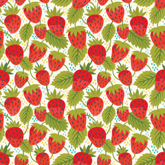 Seamless vector pattern with juicy strawberries in bright colors. Cute summer background. - 502829151