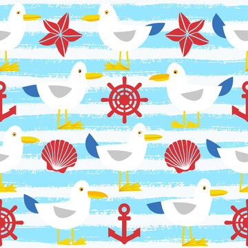 Seamless pattern with cute seagulls. Marine style vector illustration. 