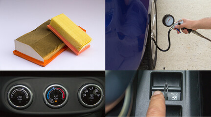 Image of two air filters, a man's hands inflating the car's wheels, a switch to open and close the window and a button to turn the air conditioning on and off. References on how to save fuel