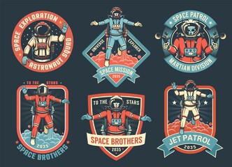 Astronaut retro emblem pack. Space vintage badges, emblems and labels set. Vector illustartion.