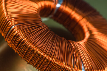 Electric transformer copper coil inductor close-up