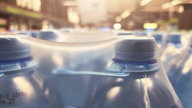 Rows of plastic bottles of mineral water stand in a plastic packaging in a supermarket or warehouse. Closeup