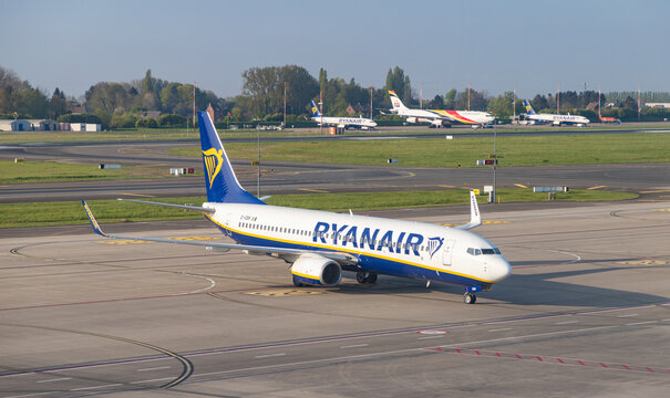 Charleroi, Belgium - April 22, 2022: A picture of a Ryanair plane taxiing at the Charleroi Airport.