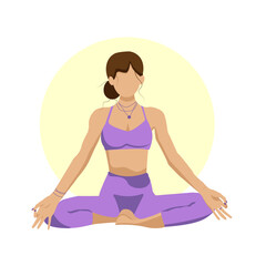 yoga girl in violet clothes siting in lotus position in meditation on the poster in a yoga center, vector faceless flat style	