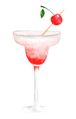 Cocktail watercolor illustration. Alcoholic cocktail. Drink. Wineglass. Aesthetic. Red cocktail with cherries. Party. Illustration isolated. For printing on postcards, stickers, invitations, menus.