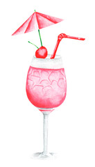 Beach cocktail watercolor illustration. Alcoholic cocktail with cherries. Pink cocktail with ice. Drink. Glass. Aesthetic. Party. Illustration isolated. For printing on postcard, sticker, invitation