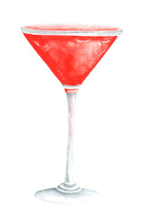Cosmopolitan cocktail watercolor illustration. Alcoholic cocktail. Red cocktail. Drink. Wineglass. Party. Illustration isolated. For printing on postcards, stickers, invitations, menus.