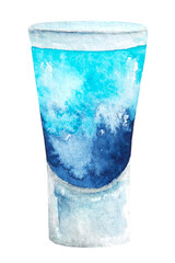 Cocktail watercolor illustration. Alcoholic cocktail. Blue cocktail. Drink. Glass. Party. Illustration isolated. For printing on postcards, stickers, invitations, menus.