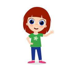 cute character little girl standing and waving hello for cartoon animation