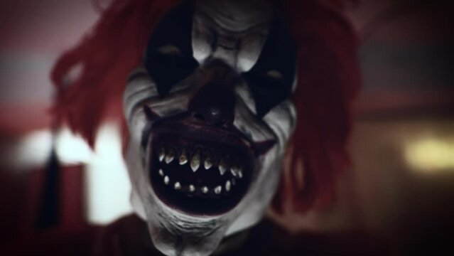 Portrait of a scary psychopath clown. A gloomy room, a place of terrible crimes