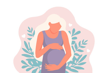 Happy pregnant woman holds her belly. Pregnancy resources type. Happy pregnancy. Flat vector illustration