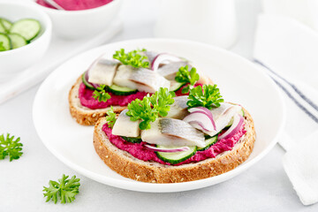 Fototapeta na wymiar Sandwiches, toasts with salted herring and beetroot pate