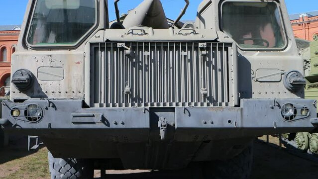ballistic missile in transport position on army truck front view panorama up