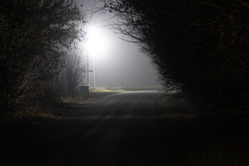 Poles with street lamps at night in fog in the village, Russia