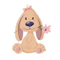 cute dog with flower, animal illustration, vector clipart good for card and print design