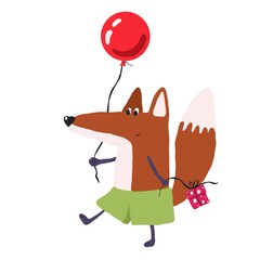 fox with present and balloon, vector illustration, holiday clipart good for card and print design