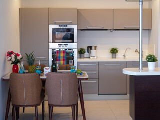 Modern interior of kitchen in luxury studio apartment.