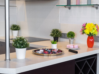 Modern interior of kitchen in luxury studio apartment.
