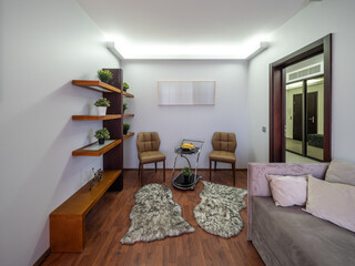 Modern interior of living room in luxury apartment. Flowers on wooden shelves.
