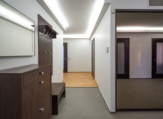 Modern interior of entrance hall in house. Mirror sliding door wardrobe.