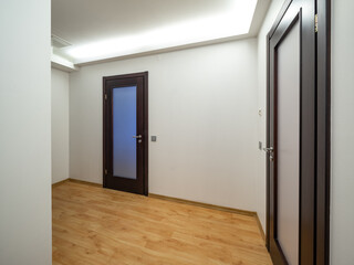 Modern interior of hall in apartment. Closed doors. Laminate floor.