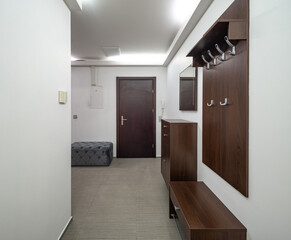 Modern interior of entrance hall in house. Mirror sliding door wardrobe.