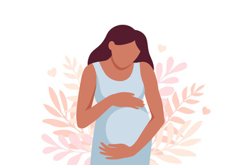 Young african american woman expecting a baby. Pregnant woman holds her hands on her stomach with care and love. Medical and healthcare vector illustration