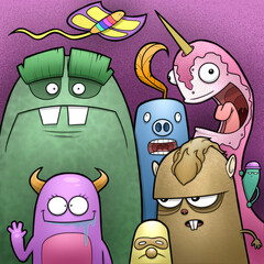 Monster Party Group Photo Cartoon Illustration