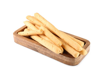 Delicious grissini isolated on white. Crusty breadsticks