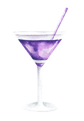 Purple cocktail watercolor illustration. Alcoholic cocktail. Drink. Beach cocktail. Party. Illustration isolated. For printing on postcards, stickers, invitations, menus.