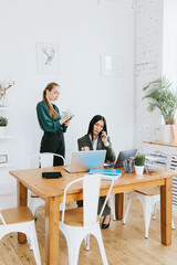 two young business women professionals in formal wear clothes work in modern office using laptop, tablet, brainstorm and search for solutions together, confident independent Asian girl solves problems