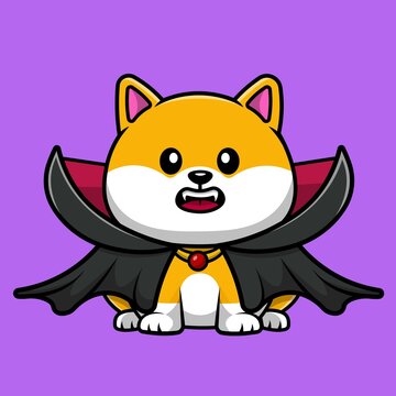 Cute Shiba Inu Vampire Dog Sitting Cartoon Vector Icon Illustration. Animal Icon Concept Isolated Premium Vector.