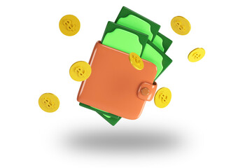 Wallet with money dollar bank note flat design isolated. Wallet with money icon flat. Online payment concept. 3D render