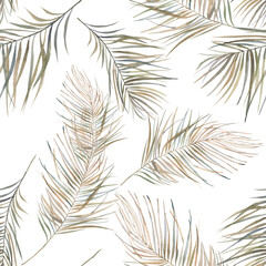 Summer palm tree leaves seamless pattern. Watercolor green branches on white background. Hand drawn exotic wallpaper design
