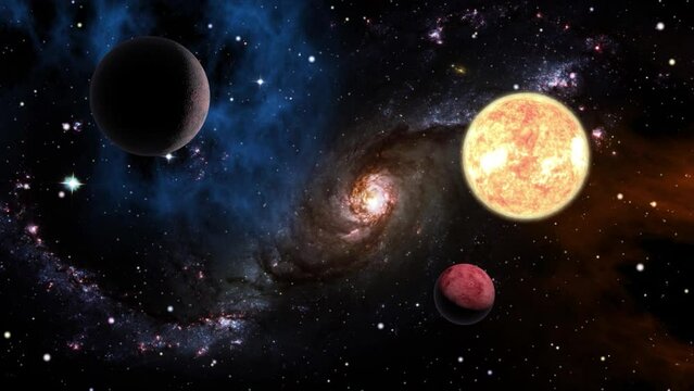 Space flight slowly moving through universe among planets galaxies stars and nebulae