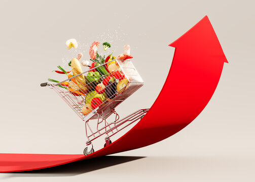 Food cost rising concept. Shopping cart full of groceries and red arrow pointing up 3D Rendering, 3D Illustration