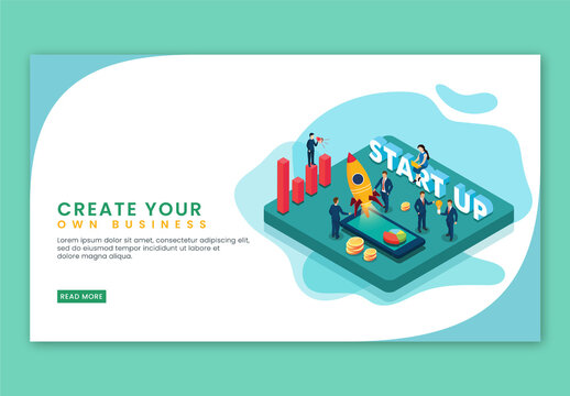 3D Start Up Text with Business People Working to Launch a Rocket from Smartphone for Create Your Own Business. Landing Page Design