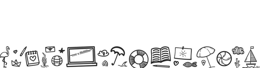 Hand drawn black holiday elements on white. Summer holidays. Freehand web banner. Elements are drawn in a linear style. Black and white illustration