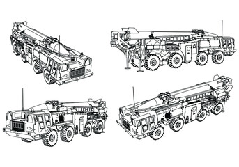 Scud missile launcher vehicle isolated on white background. Vector Military machine. Military vehicle logotype.