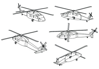 Military helicopter drawing line art vector illustration. Cartoon helicopter drawing for coloring book for kids and children. - obrazy, fototapety, plakaty