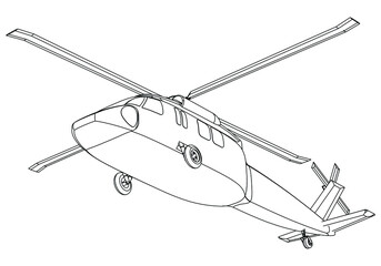 Military helicopter drawing line art vector illustration. Cartoon helicopter drawing for coloring book for kids and children.