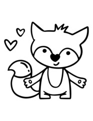 Animal coloring page for little kids. Simple outline illustration of fox with hearts.