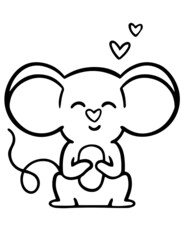 Animal coloring page for little kids. Simple outline illustration of mouse with hearts.